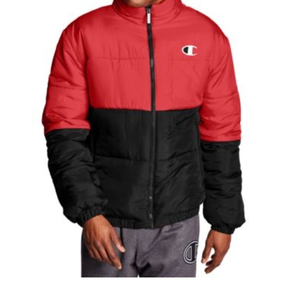 Champion Men's Stadium Colorblocked Red and Black Puffer Jacket, Large
